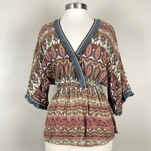 Womens Boho Festival Romantic Maximalist Eclectic Artsy Top Sz M V-Neck Stretch